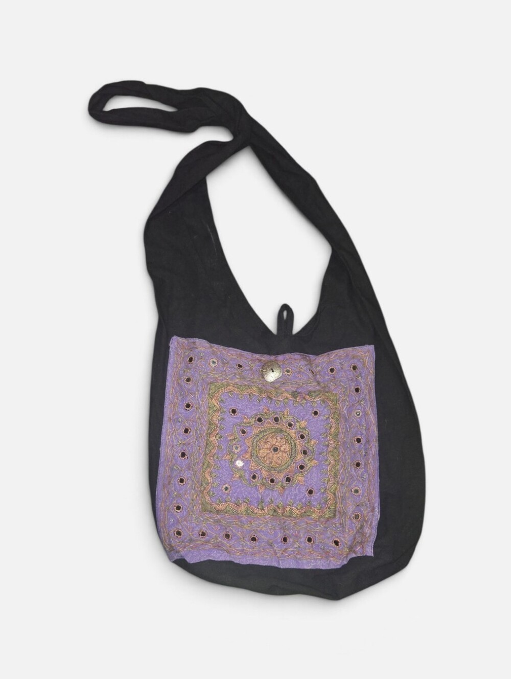 Bohemian Black Shoulder Bag with Embroidered Purple Panel